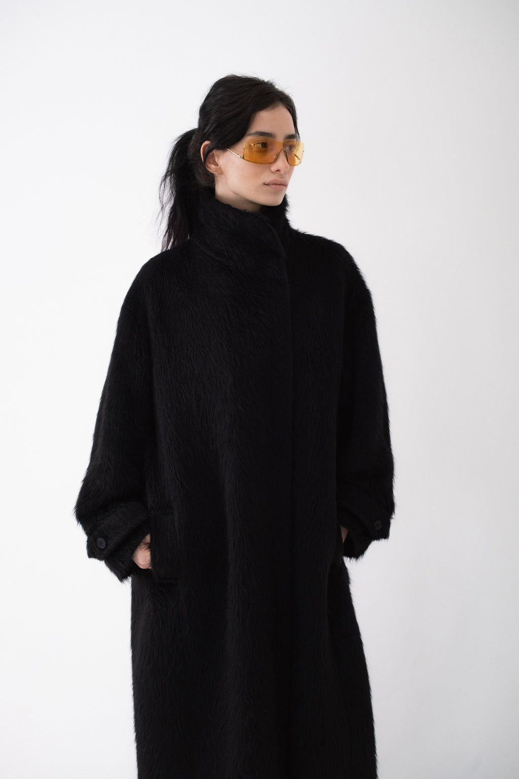 Black Wool Fur Coat