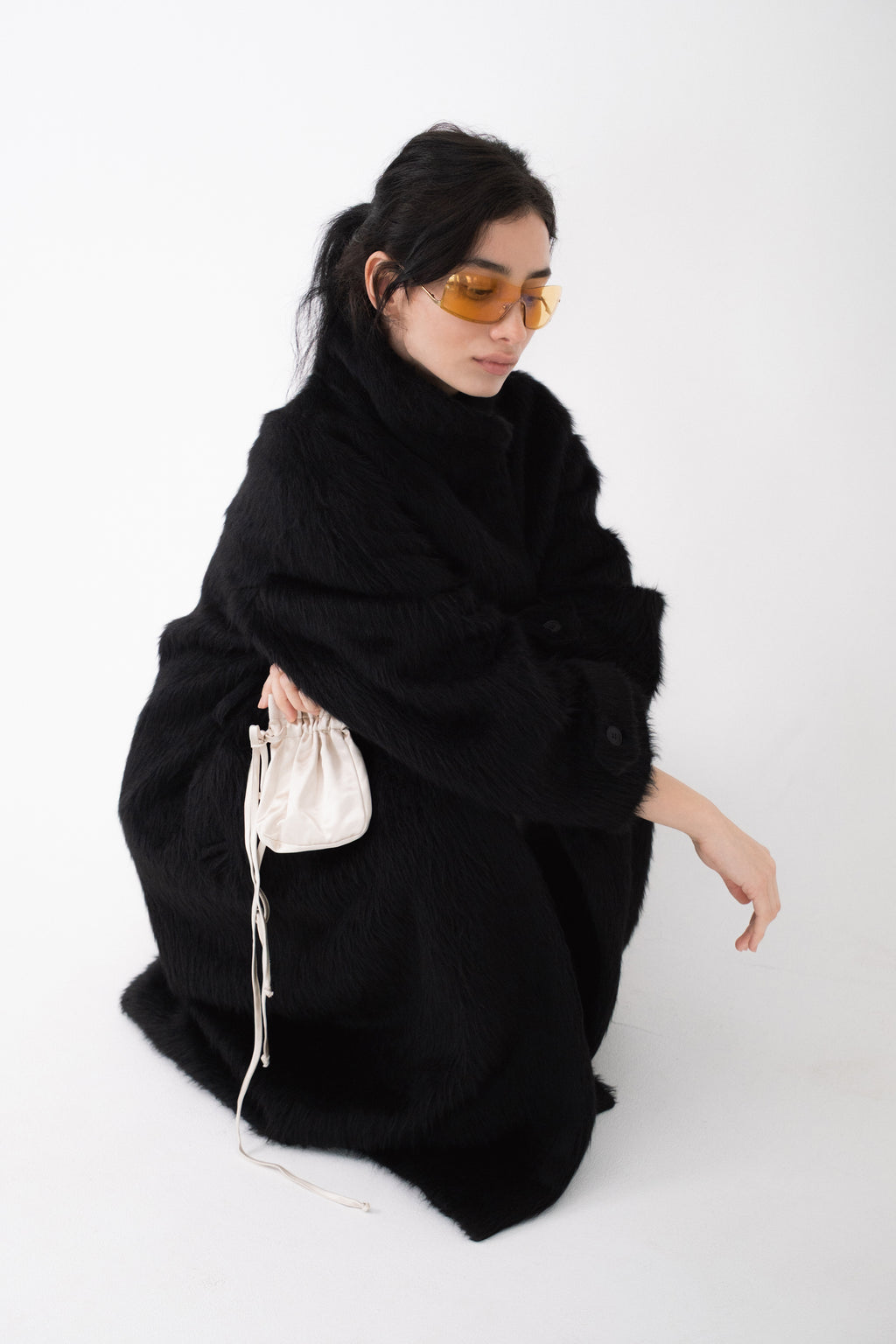 Black Wool Fur Coat