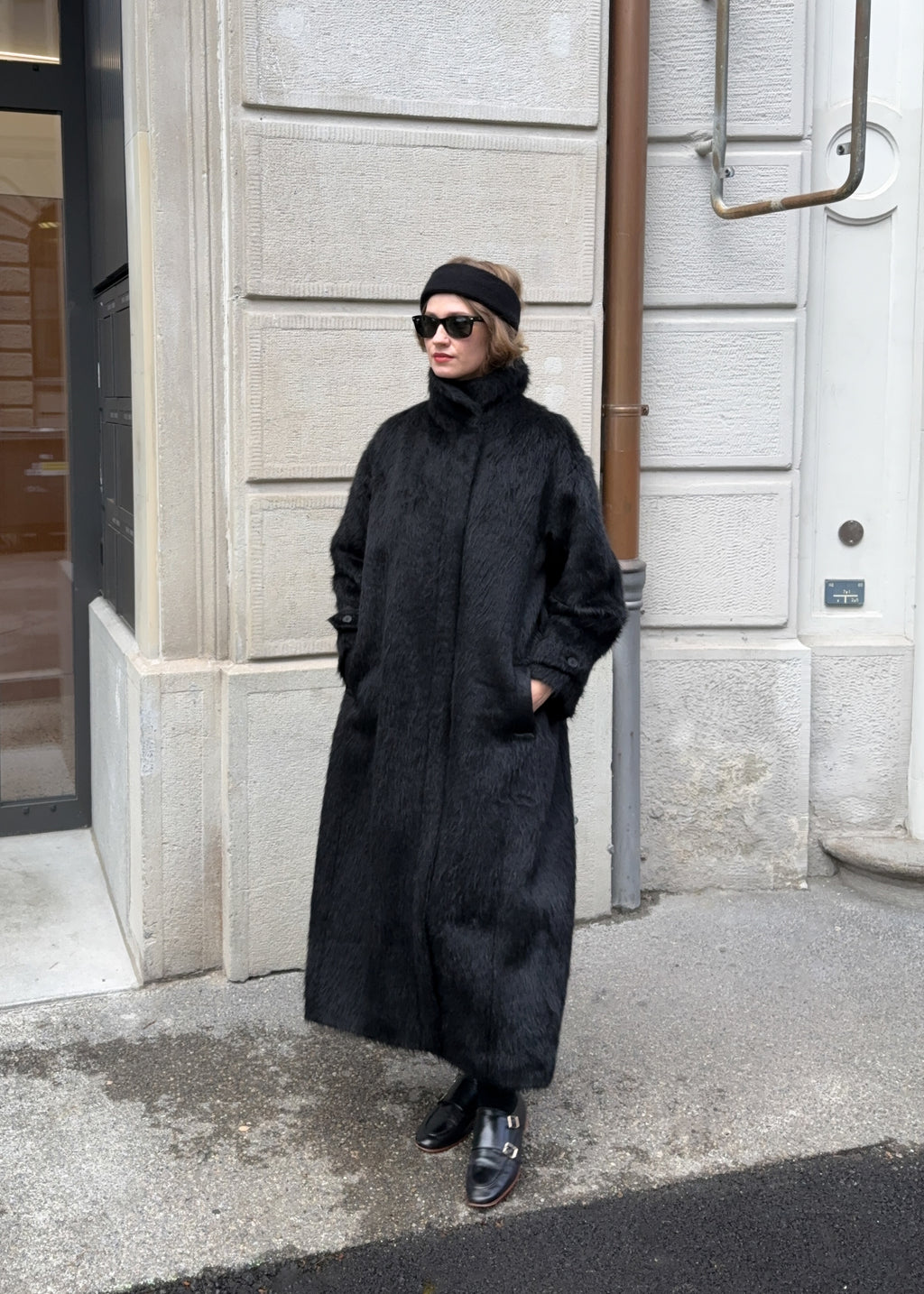 Black Wool Fur Coat