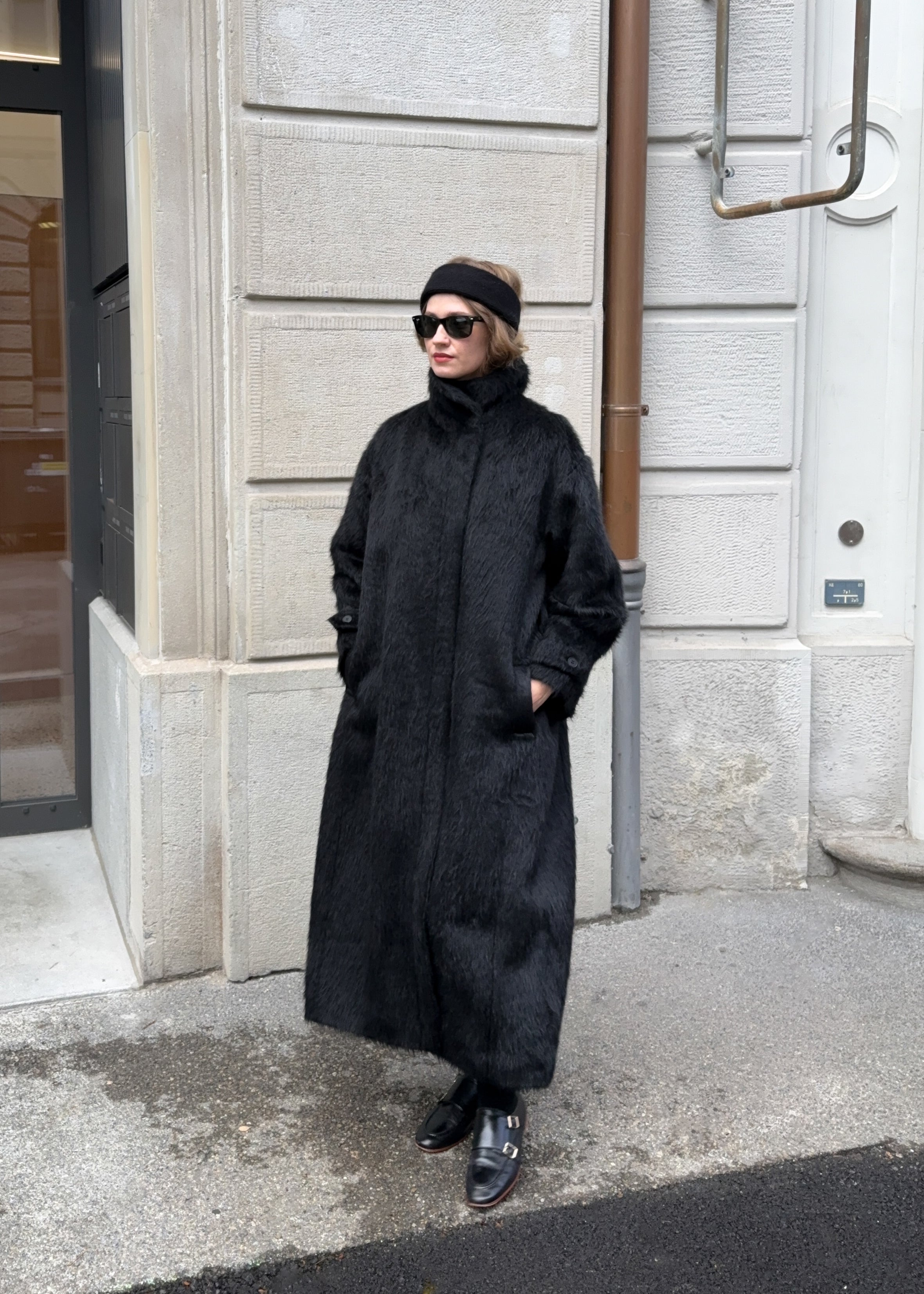 Black Wool Fur Coat