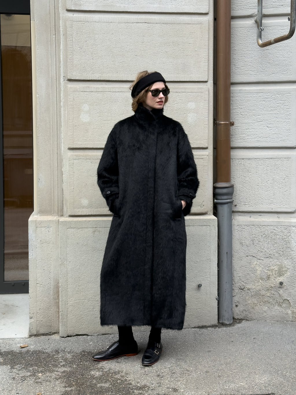 Black Wool Fur Coat