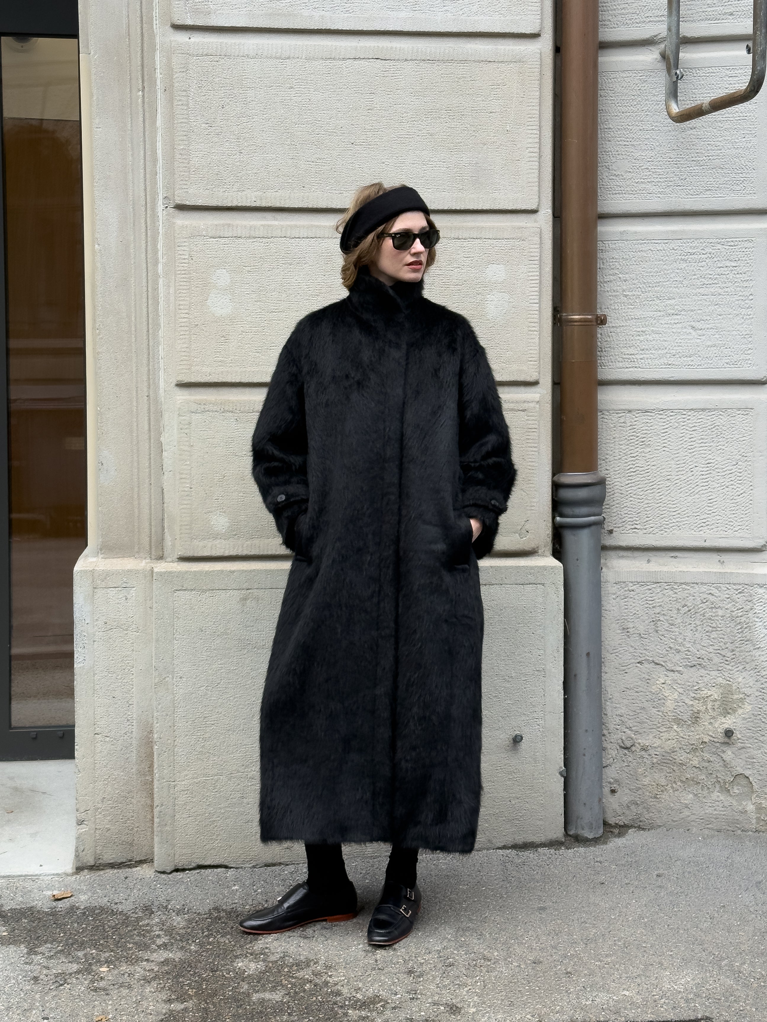 Black Wool Fur Coat