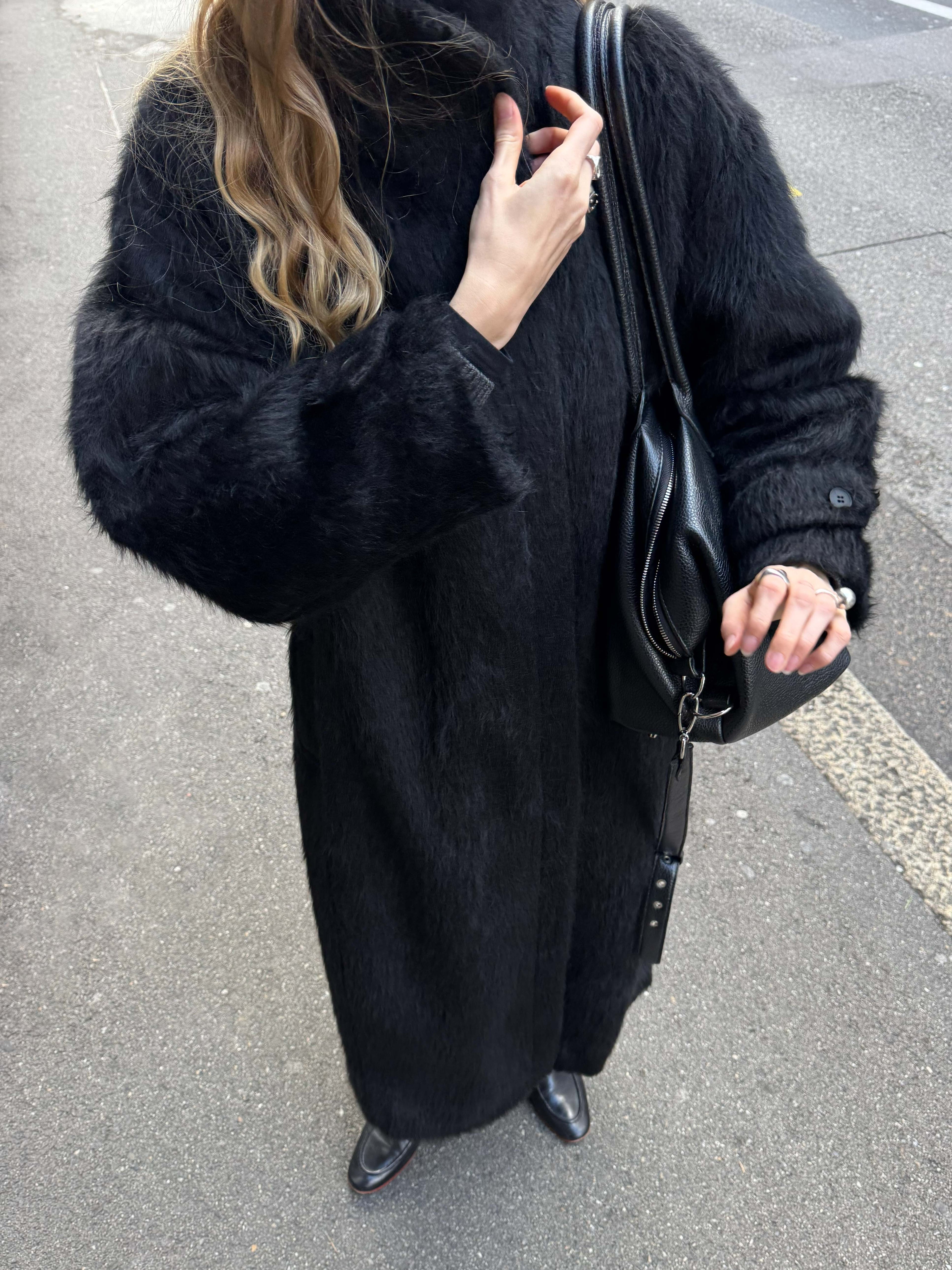 Black Wool Fur Coat