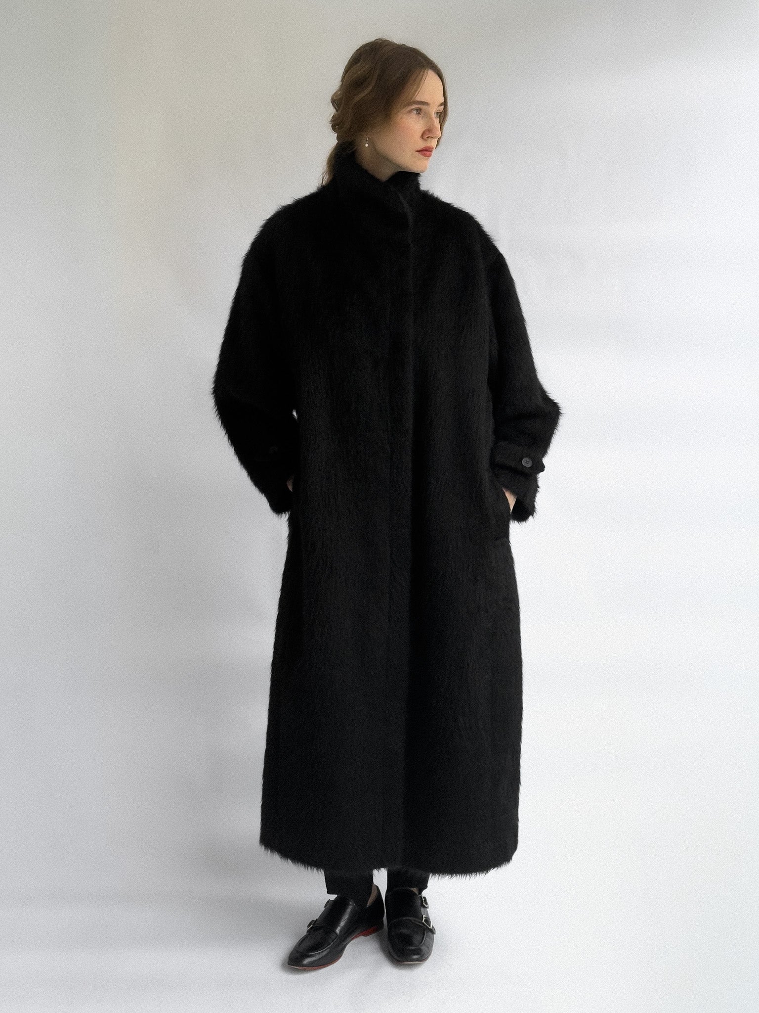 Black Wool Fur Coat