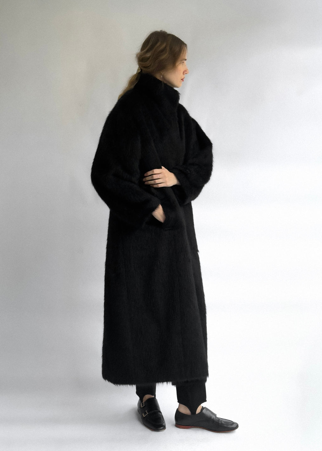 Black Wool Fur Coat