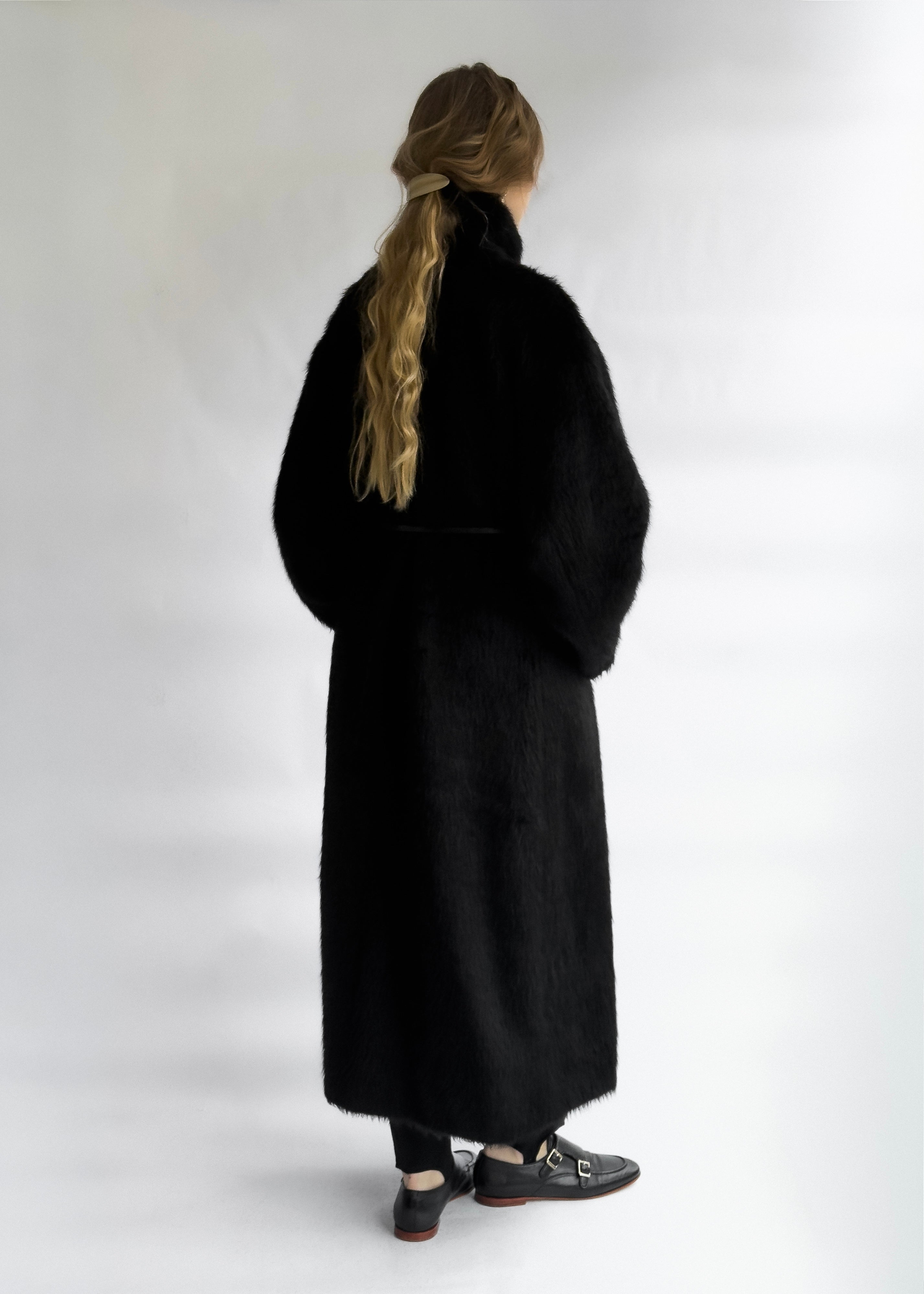Black Wool Fur Coat