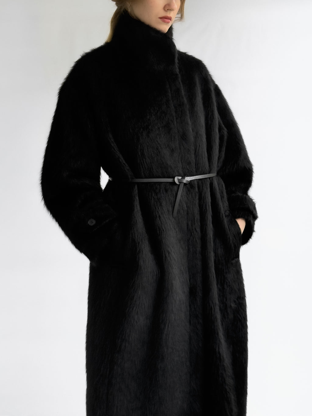 Black Wool Fur Coat
