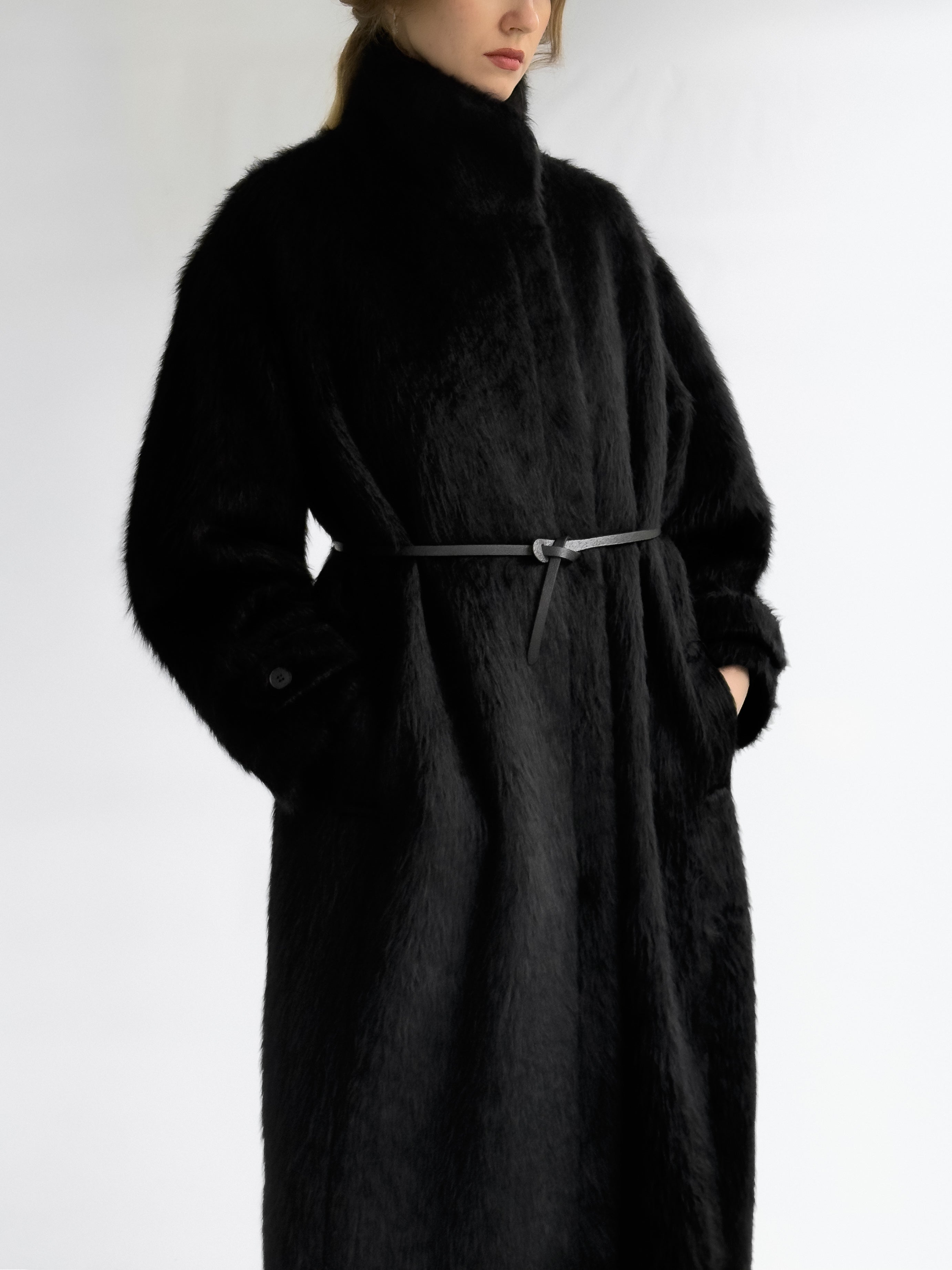 Black Wool Fur Coat