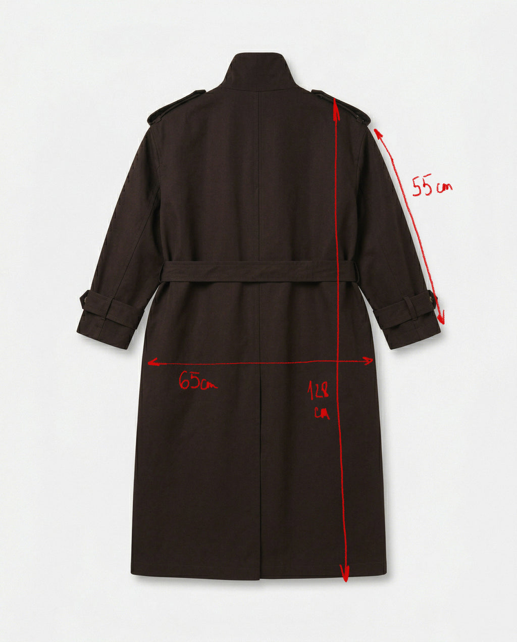 Brown coat with measurements marked on a white background