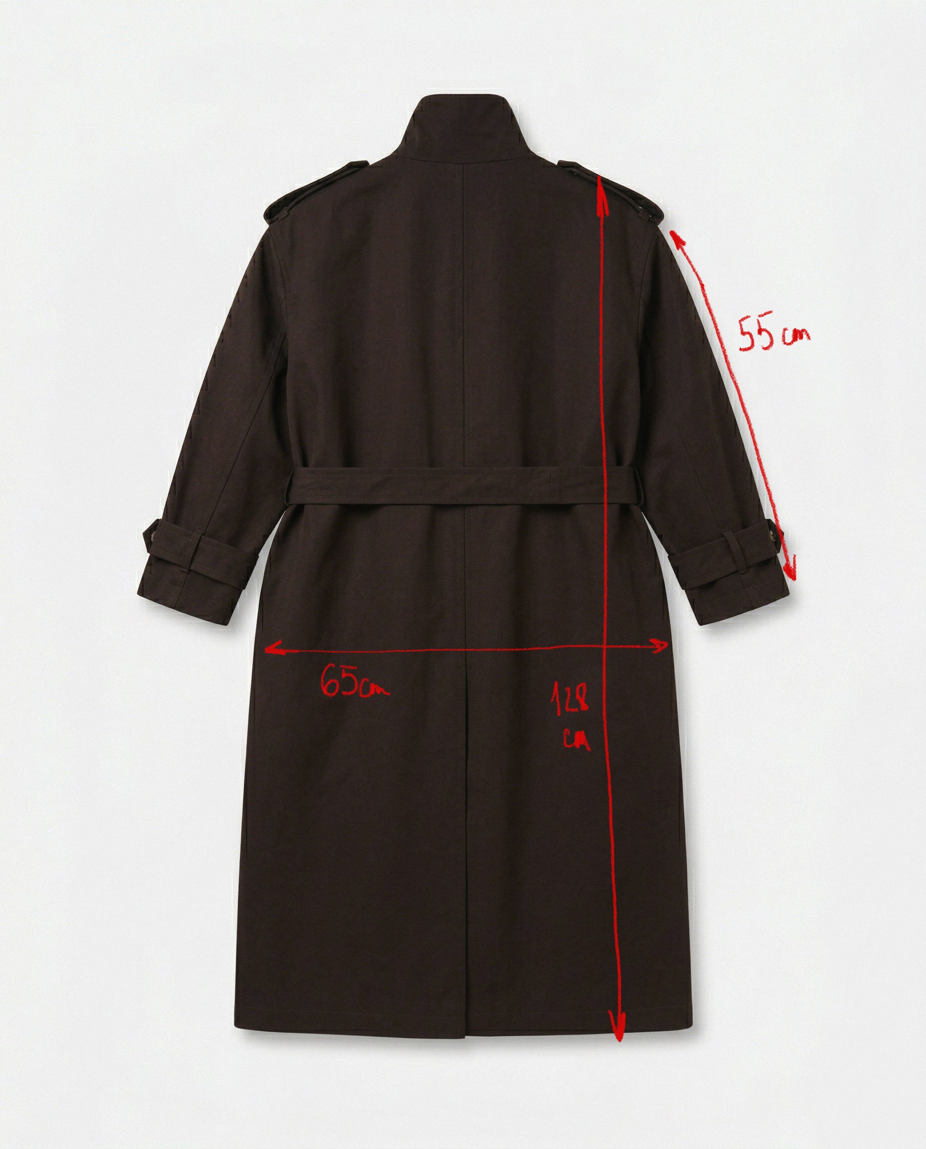 Brown coat with measurements marked on a white background