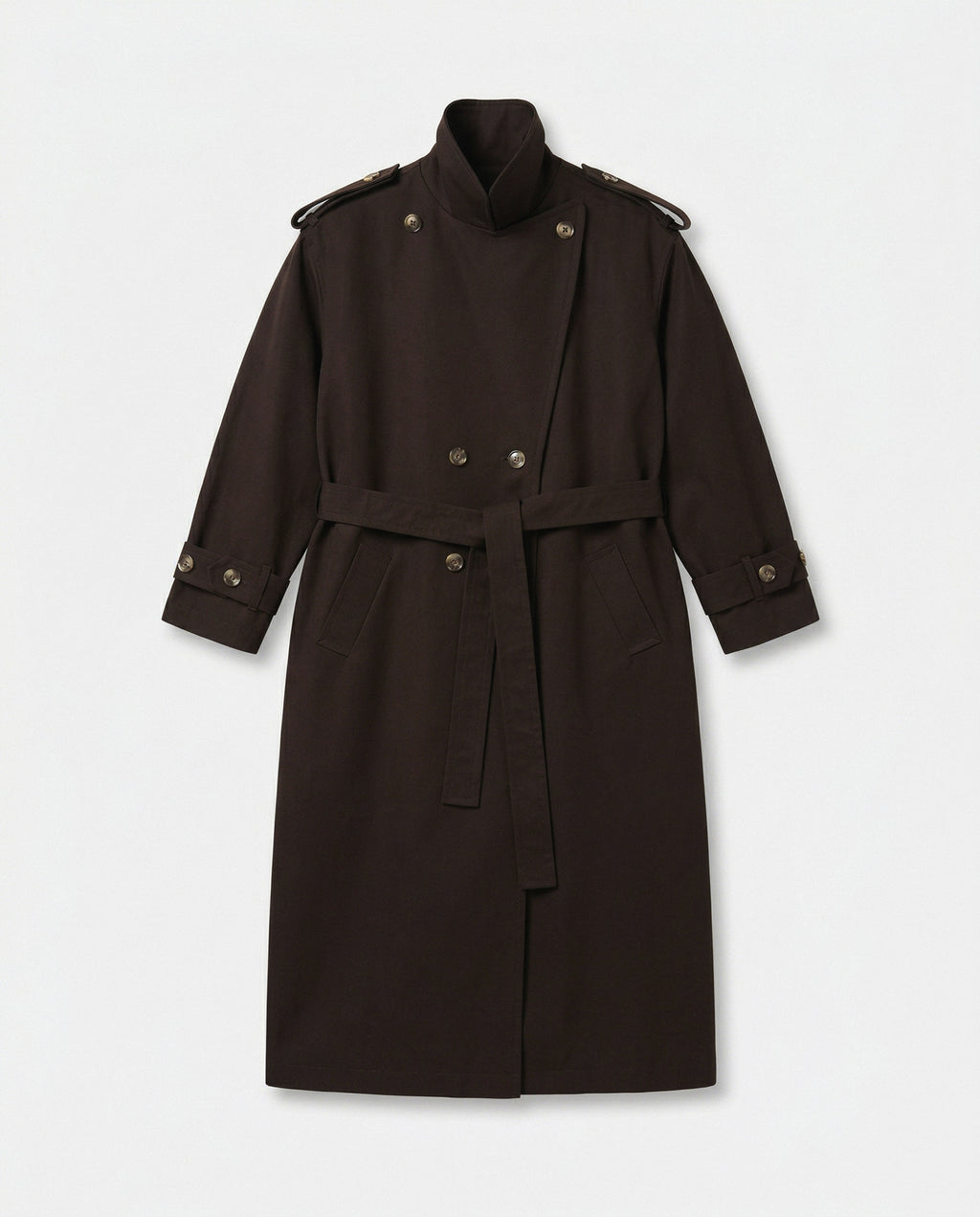 Brown trench coat with stand up collar and belt