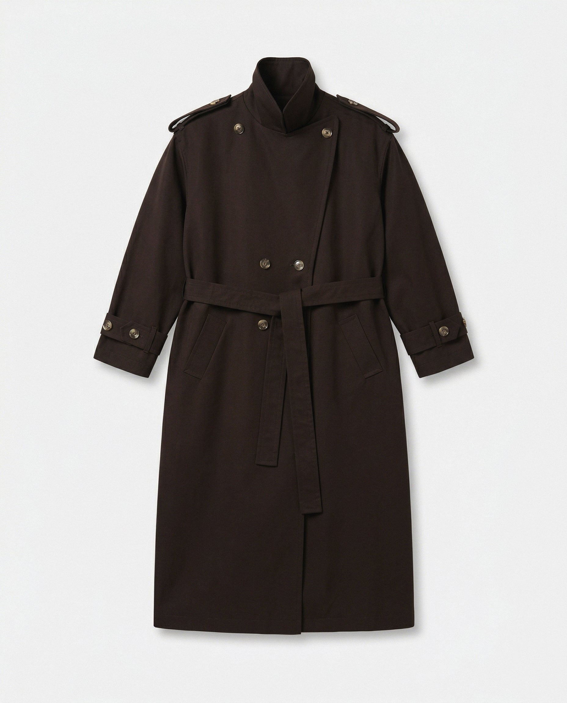 Brown trench coat with stand up collar and belt
